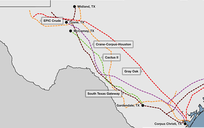 Proposed crude pipelines to Corpus Christi.
