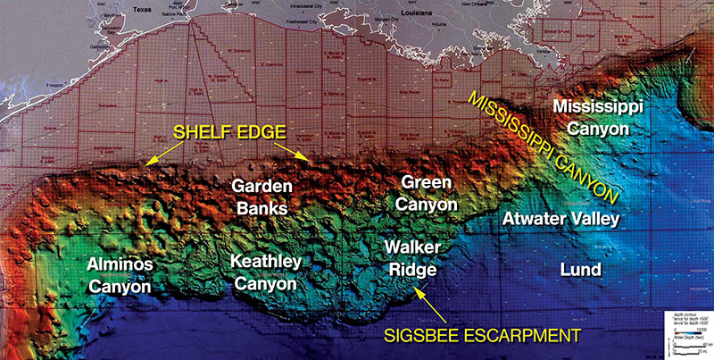 Map of the Gulf of Mexico's deepwater and shelf regions 