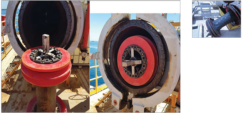 Figure 6: A look at the bidirectional polyurethane disc before and after pigging operations. Comparing the retrieved amounts of solids with the total length of the line shows that the intensity of the solids’ distribution along the line is insignificant and unlikely to cause problems, validating the new flow assurance regime. 