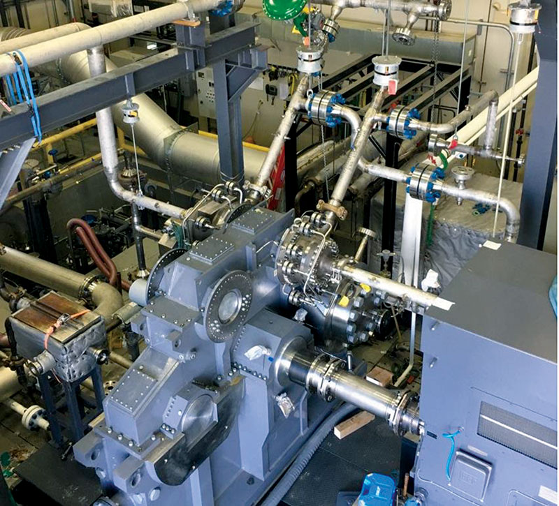 Figure 2: 10 MWe-scale sCO2 expander successfully operated up to 1,320° F and 3600 psi (right) and integrally-geared compressor-expander prototype on current test program (left). 