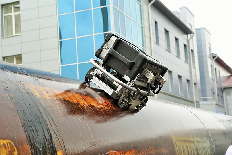 A robot checks the outside of a pipeline for defects. 