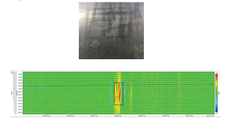 Figure 4: Verified hard spot anomaly on EFW, X-52 pipe, showing a measured hardness of 318 HBW (top) and its ILI signal response (bottom)  