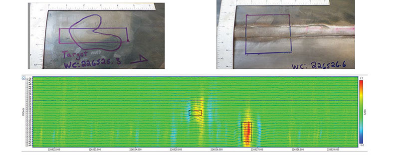 Figure 5: Verified hard spot anomalies on DSAW, X-52 pipe, showing a measured hardness of 316 HBW (top left) and 214 HBW2 (top right) and their ILI signal responses (bottom)  